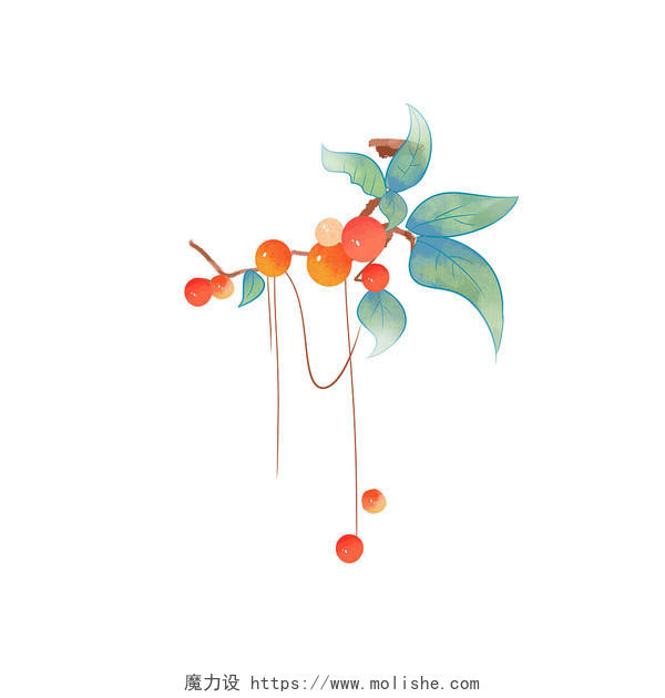 古风水彩植物花卉樱桃水果手绘免抠插画元素